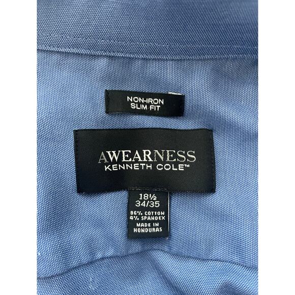 Kenneth Cole Awearness Mens Neck 18.5 LongSleeve ButtonUp Non Iron Slim Fit Blue - Picture 3 of 10